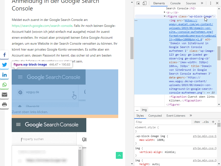 WordPress Seite mit Chrome Dev Tools in der die Bild-Resource nicht mehr als link (a href=) formatiert