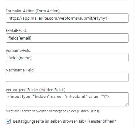 eNews Extended WordPress Plugin Formular-Aktion und Felder fuer MailerLite